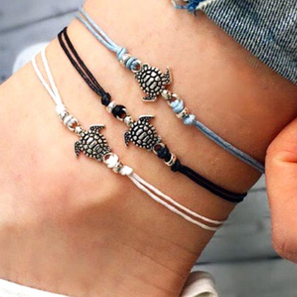 3 Color Wax Cord Foot Chain for Women Sliver Plated Turtle Barefoot Sandals Summer Beach Ankle Bracelet