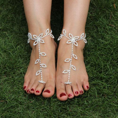 2PC Shiny Rhinestone Crystal Barefoot Sandals Bridal Anklet Beach Foot Jewelry