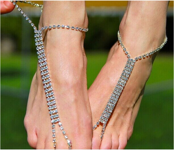1 pair sexy silver plated Rhinestone Beach Wedding Barefoot Sandals bridal bridemaid Foot JewelryAnklets for Women Ankle Bracelet Women Gift