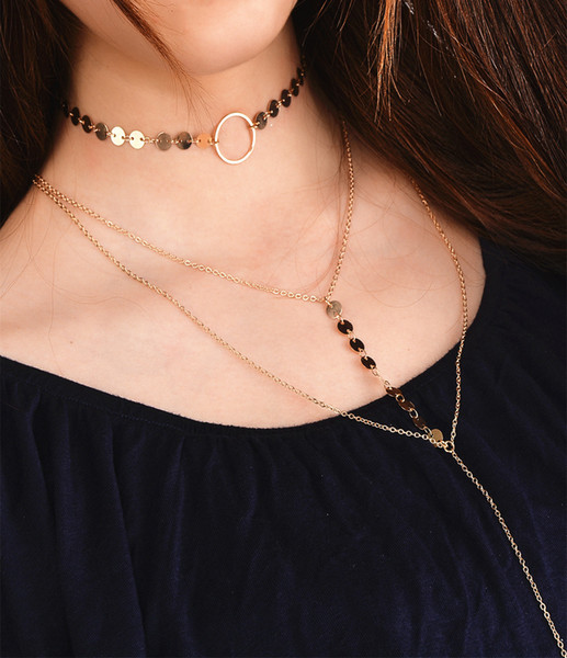 Fashion lady Sexy Women Stylish Layered Sequins Choker Necklace with Thin Long Chain Pendant for Women Lady Girl