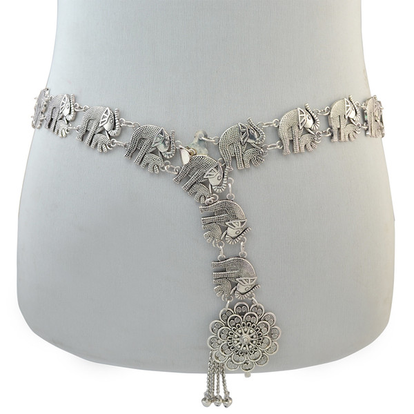 Bohemian Silver Alloy Fashion Elephant Body Chain Bells Tassel Carved Hollow Out Flower Waist Belly Chain