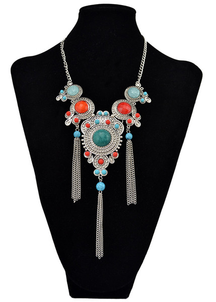 Bohemia Style Silver Plated Turquoise Beads Bib Statement Necklace Charm Rhinestone Tassel Chain Pendant Necklaces for Women Jewelry