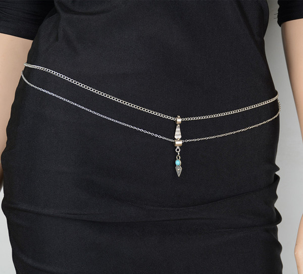 New Fashion Gypsy European Style Silver Plated Natural Turquoise Bikini Sexy Waist Chain Body Jewelry