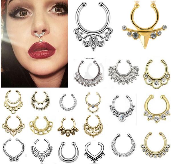 Hot sale crystal fake septum nose ring piercing clip on body jewelry faux hoop U shape nose rings for women