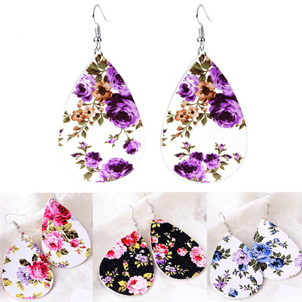 Fashion Water Drop Leather Earrings Rose Stud Earrings Double-sided Printing Leather Earring For Women Best Gift Free Ship