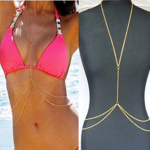 Womens Sexy Fashion Gold Body Belly Waist Chains summer holiday wear Bohemian Bikini Beach Harness Necklace jewelry gift fashion accessories