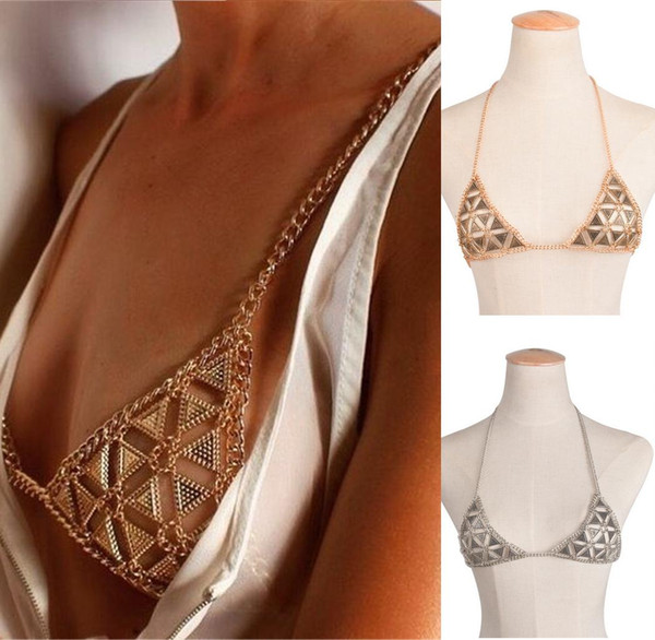 Ladies Bra Chest Chain Body Chain Jewelry Fashion Women Vintage Punk Antique Gold Silver Plated Triangles Bikini Style Belly Chains