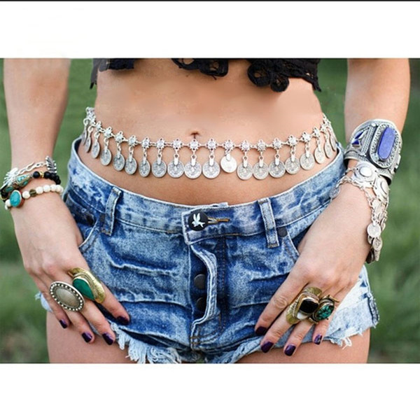 2016 New Arrival Gypsy Antique Silver Plated Metal Dangle Hippie Boho Flower Turkish Bohemian Shimmy Belt Dance Body Chain Coin Belly