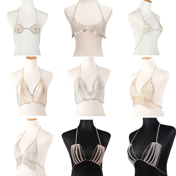 Belly Chains sexy body chain Bikini bras jewelry women swimsuit beach harness necklace blink Rhinestone bra Nightclub party sexy accessories