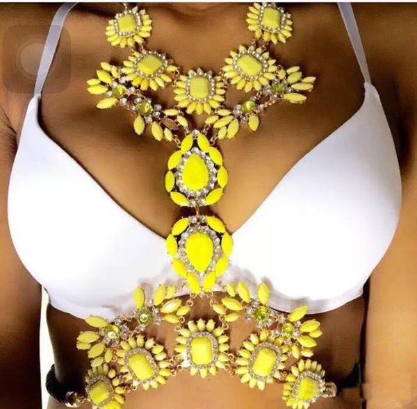 2017 Hot sale statement necklace on Facebook colorful long body jewelry women crystal sexy necklace body chains jewelry