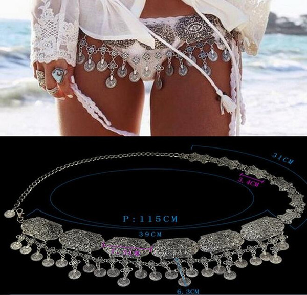 6pcs Bohemian Boho Belly Chains Turkish Gypsy Silver Metal Dangle Hippie Flower Coins Shimmy Belt Dance Body Chain Belly Jewelry F12