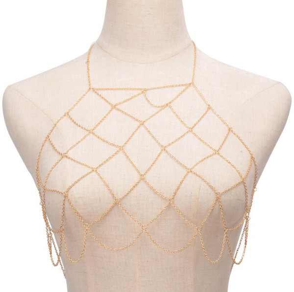 Fashion Trendy Sexy Beach Jewelry Body Chain Handmade Geometric Mesh Chest Breast Chains Necklace free shipping