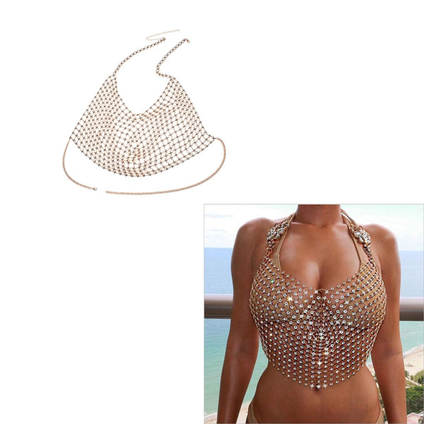 Summer Beach Party Fashion Bikini Sexy Ladies Bra Chest Chain Exaggeration Rhinestone Body Jewelry Necklace Belly Chains Costume Accessory