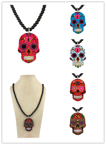 Mexico Skull Head Pendant Necklace Hot Sale Personality Hip Hop Beads Necklace For Men Natural Stone Beads Chain