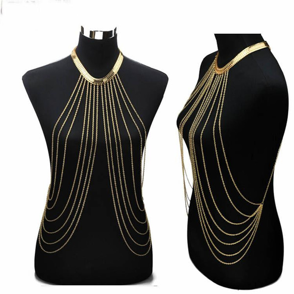 18K Gold Plated Sexy Body Chain Women Dresses NecklacesTassel Alloy Punk Long Necklace 2017 New Designer Female Fashion Wedding Jewelry