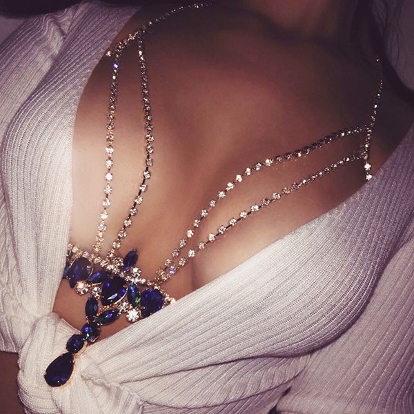 Fashion Gold Silver Color Body Chain Blue Rhinestone Multilayer Sexy Beach Bikini Harness Crystal Flower Women Bralette Jewelry