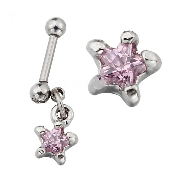 Stylish Cartilage Eyebrow Rings16g Dangle Star With Pink CZ--Steel Helix Eyebrow Earring Barbell body jewelry