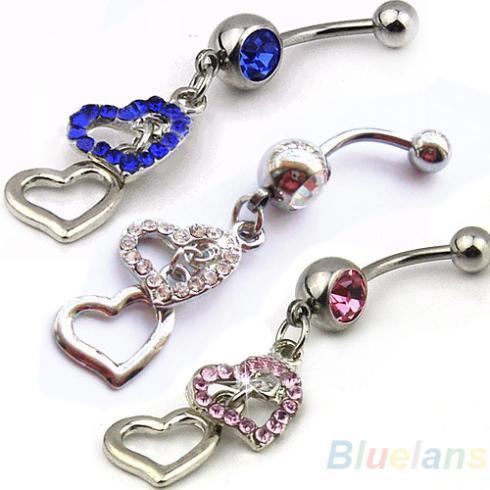 Dangle Double Heart Rhinestone Silver Crystal Navel Belly Button Ring Body Piercing 09I9