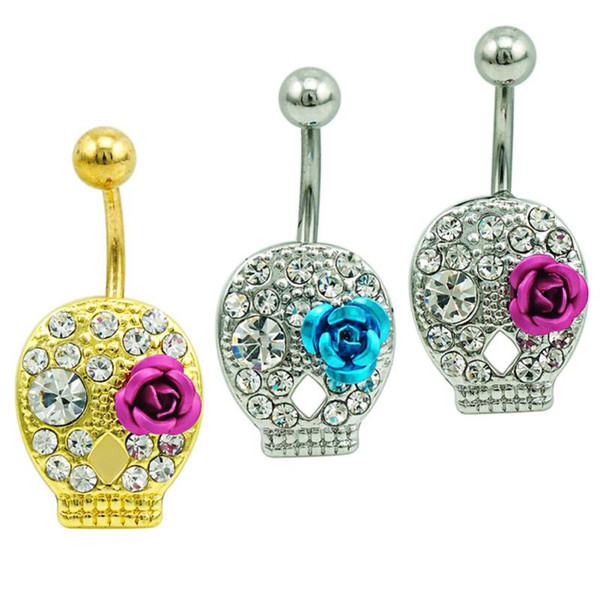 Hot Crystal Belly Piercing Button Navel Ring Stainless Steel Dangly Navel Skull Rose Shape Body Piercing