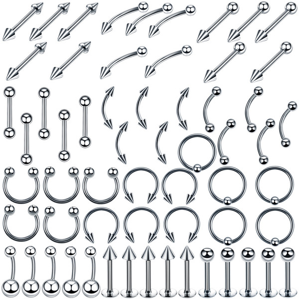 Imixlot 60pcs/lot Stainlee Steel Multi Function Mix Styles Body Piercing Tongue Eyebrow Belly Nose Ring Lip Piercing Jewelry