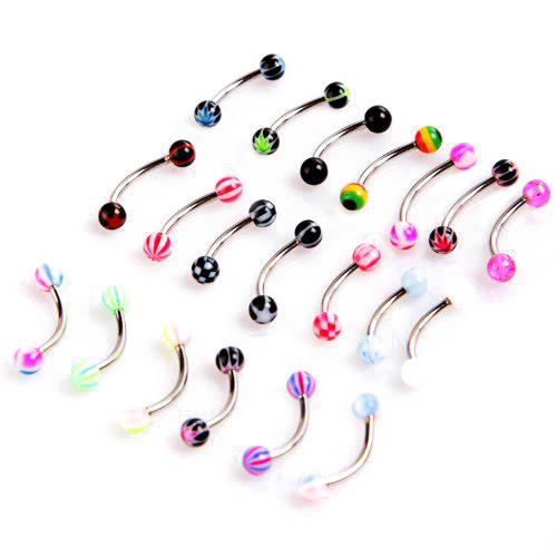 20pcs Colorful Stainless Steel Ball Barbell Curved Eyebrow Rings Bars Tragus Piercing