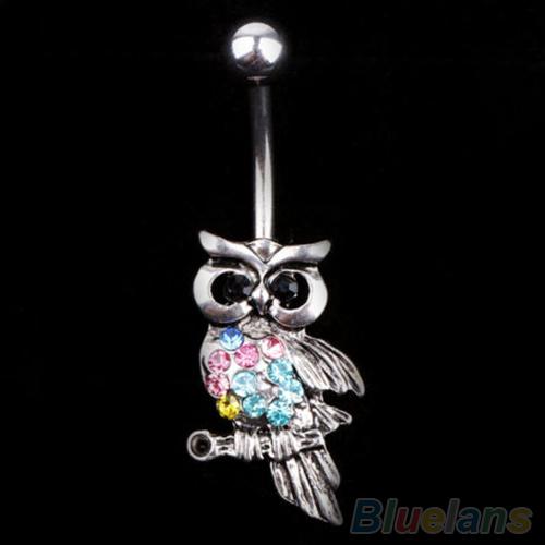 Rhinestone Owl Dangle Ball Barbell Bar Belly Button Navel Ring Body Piercing 1VGH