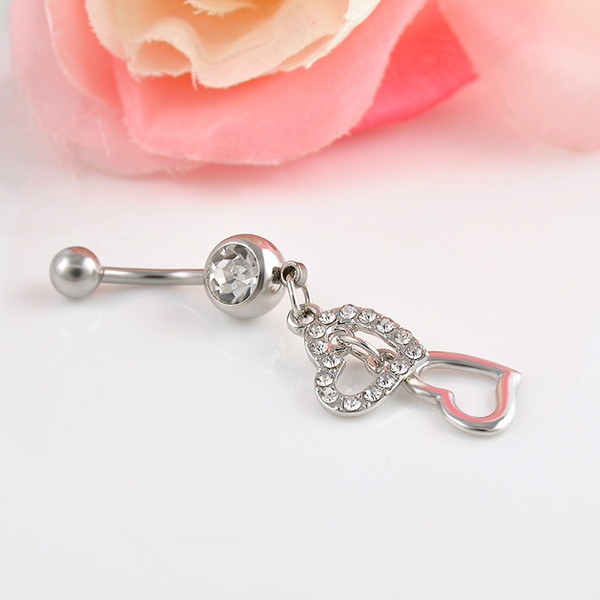 High quality Double Hearts Rhinestone Crystal Medical Steel Belly Button Ring Dangle Navel Body Jewelry Piercings Free shipping