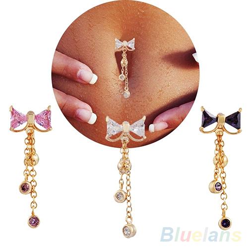 New Reverse Belly Ring Dangle Clear Navel Bar Gold Dangle Body Jewelry Piercing 1VG9