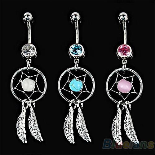 Crystal Gem Dream Catcher Feather Chain Navel Dangle Belly Barbell Button Bar Ring Body Art Bar 09I5