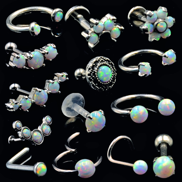 BOG-1pcs Surgical Steel Opal Ear Tragues Septum Clicker Nose Ring Nipple Shield Labret Eyebrow Piercing Earring Body Jewelry