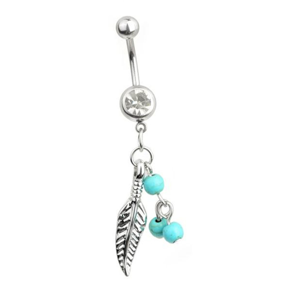 Body Jewelry Crystal Turquoise Leaf Navel Dangle Belly Ring Barbell Button Bar Ring Body Piercing Summer