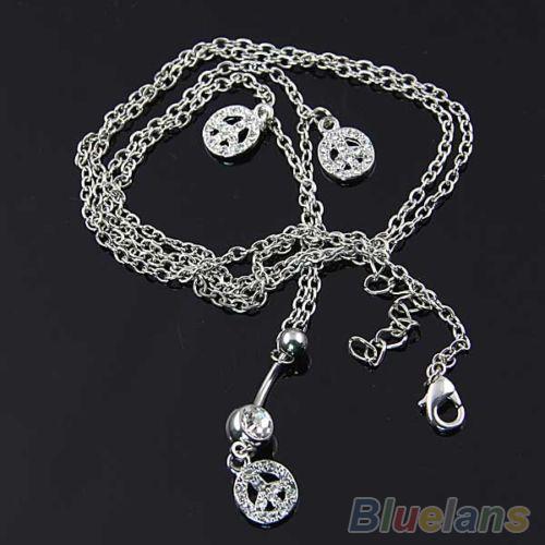 PEACE DANGLING NAVEL RING BAR WITH BELLY CHAIN SEXY BODY PIERCING JEWELRY 087N