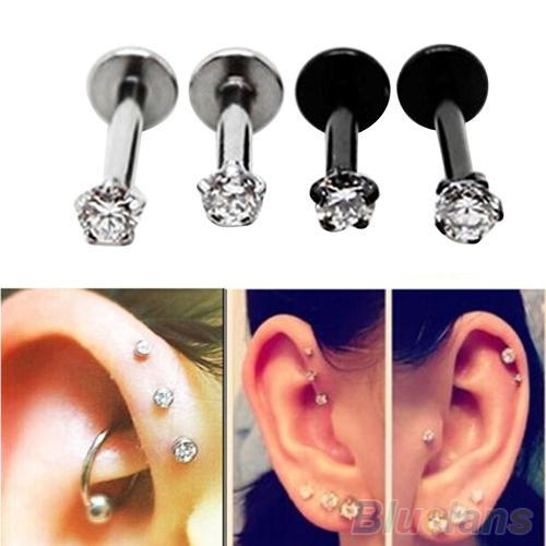 2Pcs Cubic Zirconia Tragus Lip Ring Monroe Ear Cartilage Earring Tongue Studs 2MXK