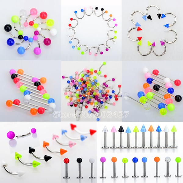 45Pcs/Set Mix Acrylic Stainless Steel Eyebrow Navel Belly Lip Tongue Ring Nose Bar Rings Body Piercing Jewelry Wholesale