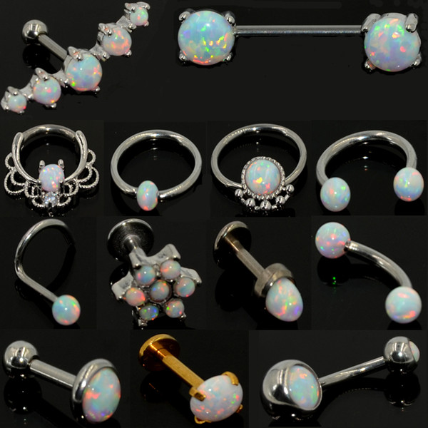 Showlove-1pcs Stainless Opal Stone Septum Nose Ring Opal Ball Closure Nipple Tragues Eyebrow Piercing Earring Body Jewelry