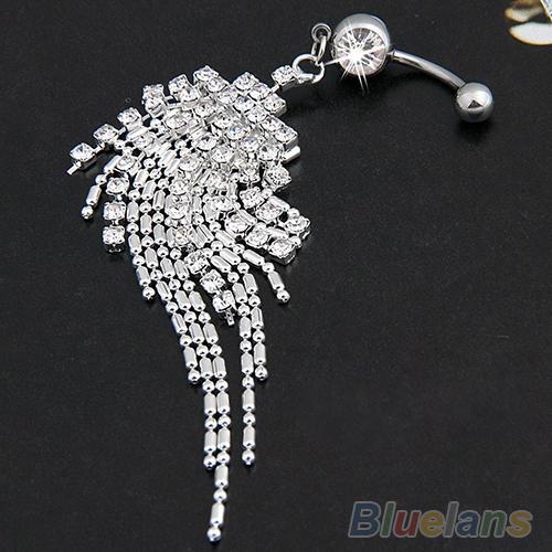 Silver Plated Crystal Tassel Dangle Navel Belly Button Ring Bar Piercing 091F