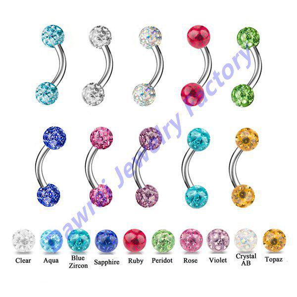 Wholesale-OP-DAR Epoxy Crystal Ferido Curved Barbell Piercing Body Jewelry Eyebrow Ring with 3mm Crystal Balls 16g 5/16