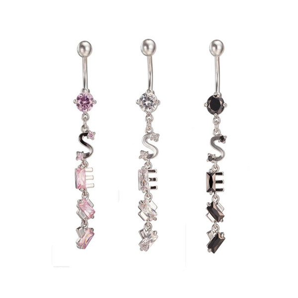 S E Letter Charming Dangle Belly Ring Crystal Rhinestone Navel Button Rings Copper Body Piercing Jewelry