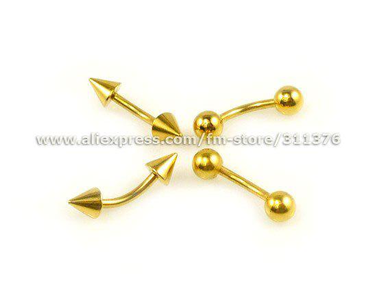 Wholesale-OP-Lot 16g Gold Plate Spikes / Balls Curved Barbell, Eyebrow Rings Body Piercing Jewelry