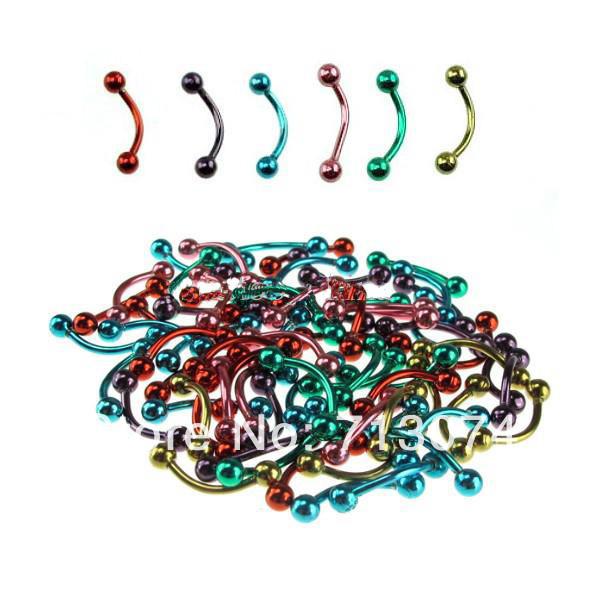 Wholesale-OP-100pcs 316LSS electroplated mixed colors eyebrow ring with ball fashion body piercing jewelry