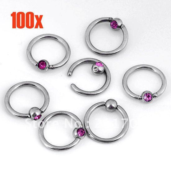 Wholesale-OP-Free shipping 100pcs 16ga Pink Czech Crystal Eyebrow Hoop Nose Ring Piercing Stainless Steel