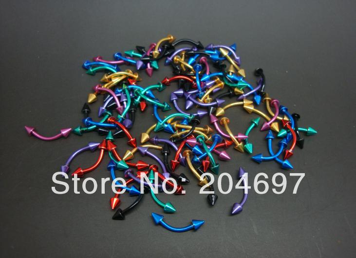 Wholesale-OP-Mix 50pcs 1.2*8*3mm Plated Electrophoresis Colors Stainless Steel Curved Barbell with Spikes Eyebrow Rings Body Piercing Jewelr