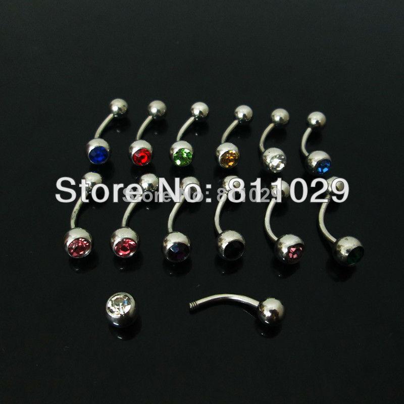 Wholesale-OP-free shipping wholesale 60pcs 1.2*10*5/6mm mixed 12 colors gem stone curved barbell Stainless Steel piercing eyebrow ring