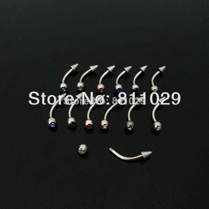 Wholesale-OP-free shipping wholesale 60pcs 1.2*8*3/3mm mixed 12 colors gem stone curved Stainless Steel spike cone piercing eyebrow ring