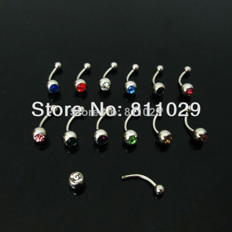 Wholesale-OP-free shipping wholesale 60pcs 1.2*8*3/5mm mixed 12 colors gem stone curved barbell Stainless Steel piercing eyebrow ring