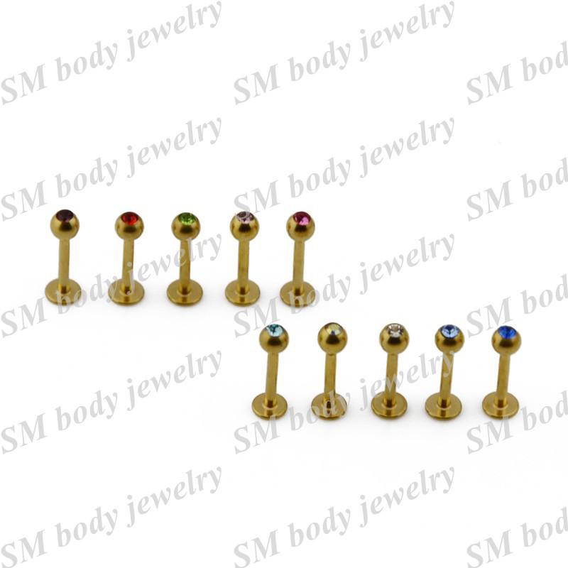 Wholesale-OP-10pcs Free Shipping Gold Plated Labret/Monroes Piercing Studs CZ Stone Lip Ring 16G Body Jewelry