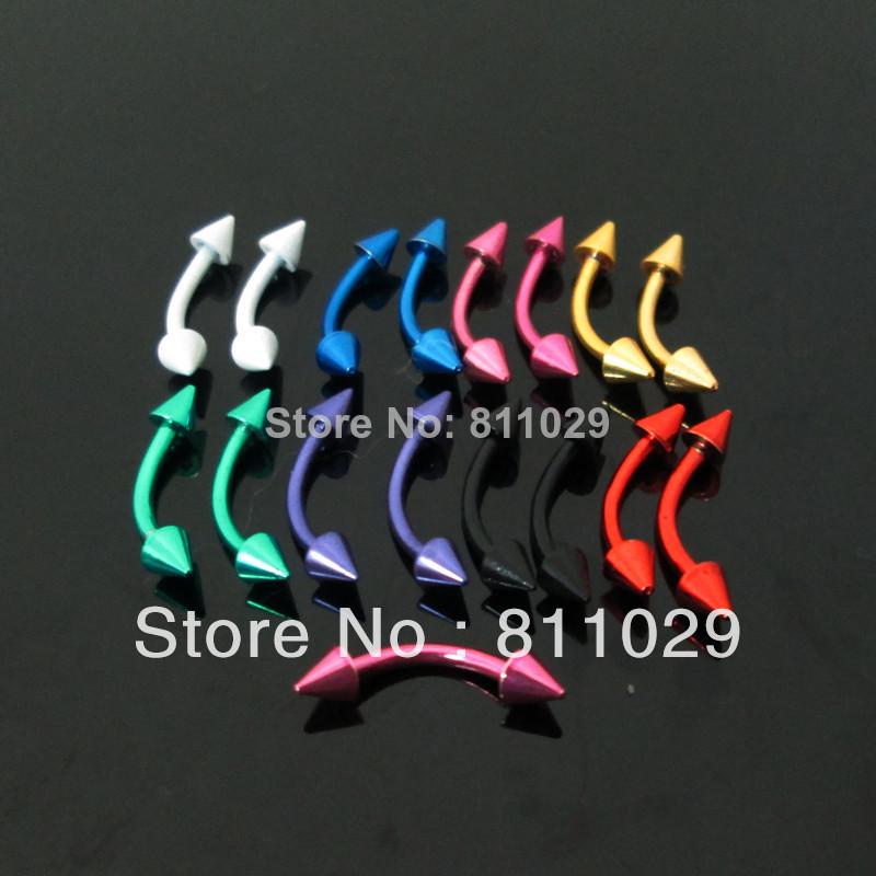 Wholesale-OP-free shipping Hot Selling plated Electrophoresis colors 100pcs 1.2*8*3mm surgical Stainless Steel spike piercing eyebrow ring