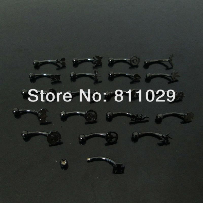 Wholesale-OP-free shipping Hot Fashion Charm 100pcs 16G mixed 10 styles Stainless Steel pattern laser cut plated black piercing eyebrow ring