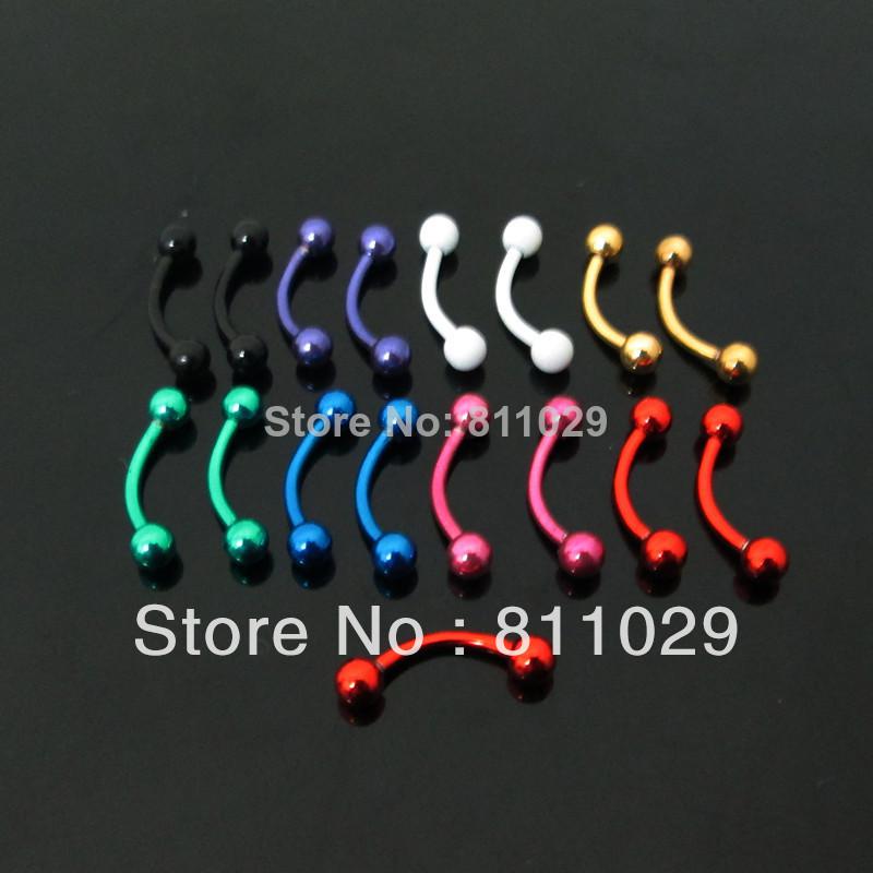 Wholesale-OP-free shipping plated Electrophoresis colors 100pcs 1.2*8*3mm surgical Stainless Steel ball curved barbell piercing eyebrow ring