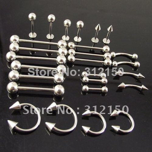 Wholesale-OP-100pcs Free Shipping Surgical Stainless Steel Body Jewelry Piercing jewelry Tongue Ring Labret Eyebrow Ring Belly Ring